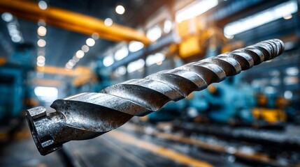 a close-up view of a metallic pipe in a factory setting