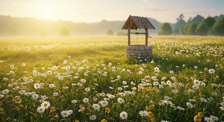 Idyllic sunlit meadow overflows with daisies near a rustic stone well