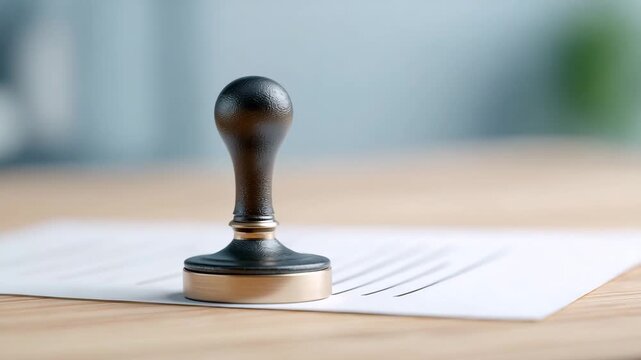 Official Authorization Stamp: An official stamp rests on a legal document, signifying the authority and finalization of agreements in a modern office setting. 