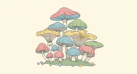 Colorful Illustrated Mushrooms Cluster in a Whimsical Style for Nature Lovers