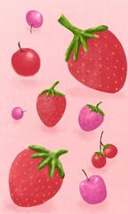 Strawberry and Fruit Illustration on Pink Background