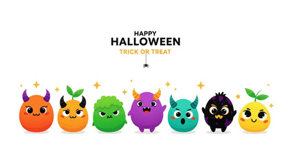 Whimsical Halloween Creatures: A lively illustration presents a spectrum of adorable Halloween creatures ready for trick-or-treating. The playful design, perfect for festive fun.