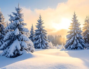Obraz premium Serene Winter Landscape with Snow-Covered Pine Trees at Sunrise