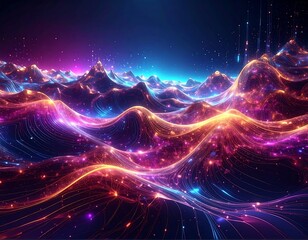 Abstract digital landscape with glowing, wavy mountains