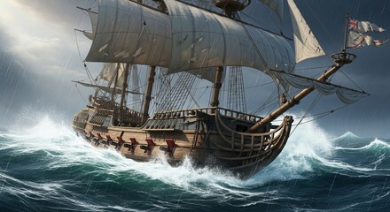 Dramatic Sailing Ship Navigating Stormy Ocean Waves at Dusk