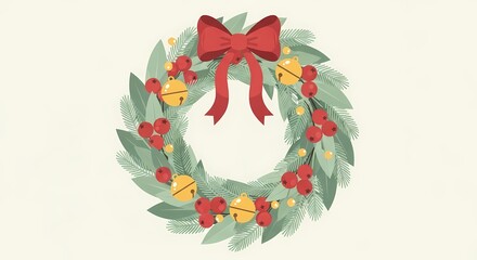 Decorative Christmas Wreath with Red Bows and Colorful Berries and Bells
