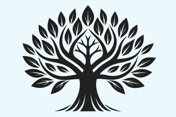 Black silhouette of a symmetrical tree with broad canopy and visible roots on a light blue background