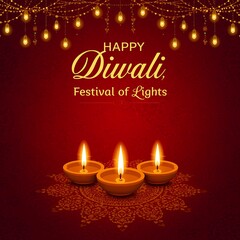 Beautiful Diwali greeting card with glowing traditional oil lamps on floral rangoli and hanging festive lights background