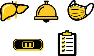 A set of five yellow and black icons depicting medical symbols like a liver, bell, mask, pregnancy test, and checklist.