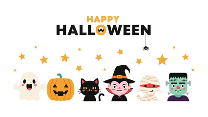 Spooky Happy Halloween Illustration: A captivating Halloween illustration features a friendly ghost, a carved pumpkin, a black cat, a whimsical witch, a wrapped mummy, and a green monster.
