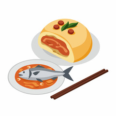 Flat Style Delicious Asian Food Illustration with Steamed Bun and Fish