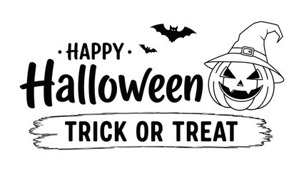Spooky Greetings: An illustrative black and white Halloween design with a pumpkin wearing a witch's hat, a playful bat and text Happy Halloween and Trick or Treat perfect for festive greetings.
