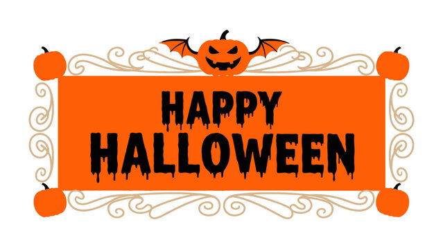 Halloween Wishes with Pumpkin Sign: A cheerful message HAPPY HALLOWEEN on a bright orange sign, decorated with pumpkins and a grinning jack-o'-lantern, captures the spooky season's fun atmosphere.