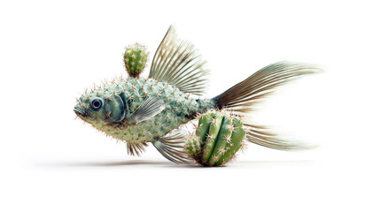 Surreal 3D illustration of a fish with cactus spikes and textures. Conceptual fantasy artwork combining nature and imagination, isolated on white background.