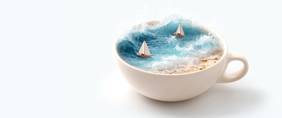Fantasy 3D illustration of a coffee cup filled with ocean waves and sailing boats. Surreal concept art symbolizing imagination, travel and freedom.