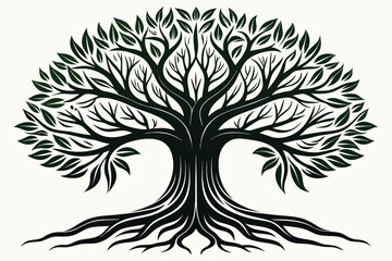 Obraz premium Stylized Silhouette of a Large Tree with Extensive Roots and Green Leaves branches