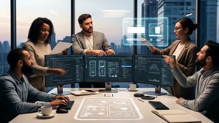 Innovative tech team collaboration in modern office with holographic interface discussion - Powered by Adobe