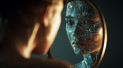 Surreal conceptual illustration of a human looking into a mirror with a digital AI reflection. Futuristic metaphor of identity, self-perception, technology and artificial intelligence.