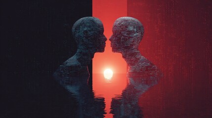 Surreal illustration of two digital human silhouettes facing each other at sunset over water. Futuristic concept of connection, virtual relationships and artificial intelligence.