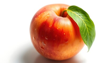 Juicy peach with fresh green leaf on white background, water droplets adding freshness.