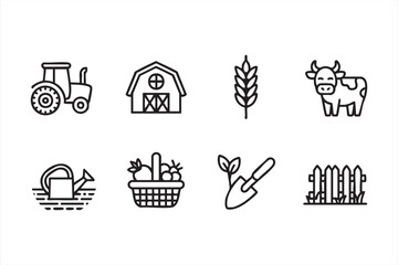 Black outline vector illustrations of farming lifestyle with rural agriculture icons