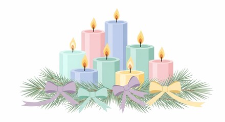 Colorful Candles Surrounded by Greenery and Ribbons Creating a Festive Atmosphere