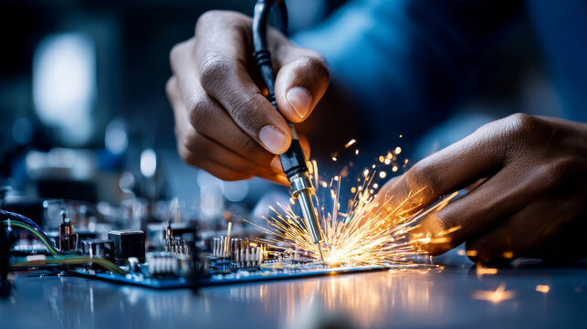 Electrician repairing circuit board with soldering iron, sparks flying. Using soldering tool for the computer parts.