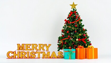 Fototapeta premium Christmas tree with red ribbons, gold ornaments, colorful gifts, and “Merry Christmas” text on white background.