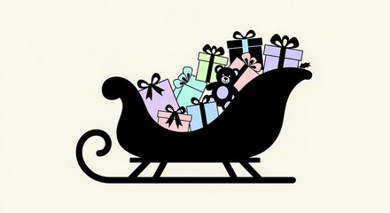 Festive Sleigh Filled with Colorful Gifts and a Cute Teddy Bear