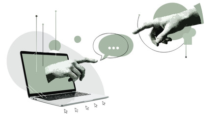 Digital communication concept with hands interacting with a speech bubble from a laptop screen, symbolizing online connection and dialogue.