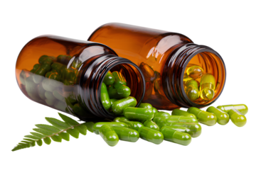 Herbal Medicine Bottles with Green Capsules Spilled Out