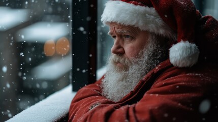 Thoughtful Santa Claus Gazing Out at Winter Wonderland through Frosted Window in Snowy Scene