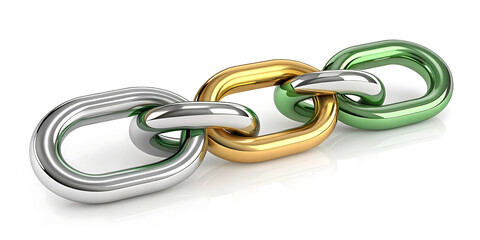 Fototapeta premium Interlocking metallic chain links in silver gold and green