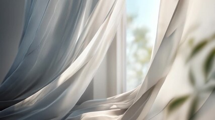 Flowing sheer curtain gently swaying in sunlight by the window   - Powered by Adobe