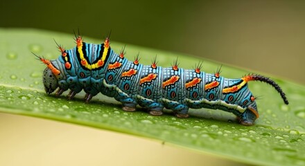 Vibrant caterpillar crawls on a wet green leaf, detailed texture