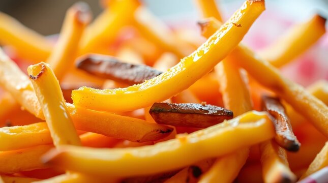 Golden French Fries: A close-up view of delicious, golden-brown french fries, perfectly fried and ready to be enjoyed. Capturing the textures and mouth-watering appeal of a classic snack.
