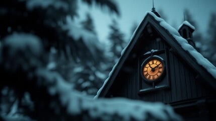 Naklejka premium Vintage Clock on Cabin Roof Surrounded by Winter Snowy Forest at Twilight