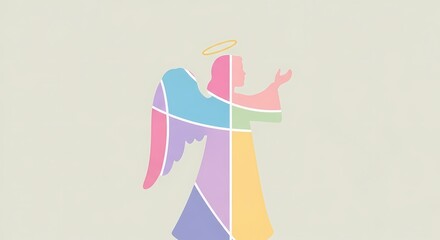 Colorful Abstract Angel Figure with Halo and Outstretched Arms in Minimalist Style