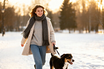Cheerful woman walking dog in snowy winter park during golden hour for health and relaxation
