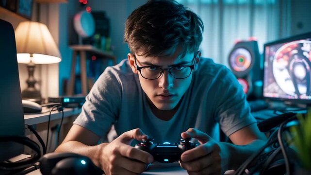 Focused Young Gamer Playing Video Game at Night with Blue Light Ambience