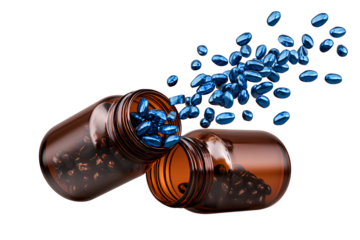 Minimalist Brown Pill Bottles with Blue Capsules Scattered