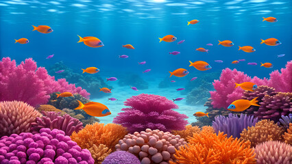 Vibrant coral reef ecosystem teeming with small orange fish