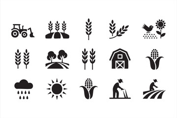 Black silhouette agriculture vector pack with farmer, sun, rain and harvest icons