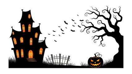 Spooky Halloween Scene: A chilling Halloween scene unfolds, featuring a haunted house silhouette with illuminated windows, a carved jack-o'-lantern, bare tree and bats.