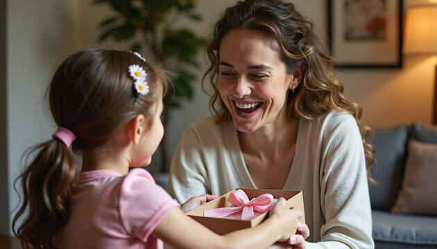 Mother and daughter exchanging gifts while smiling indoors  