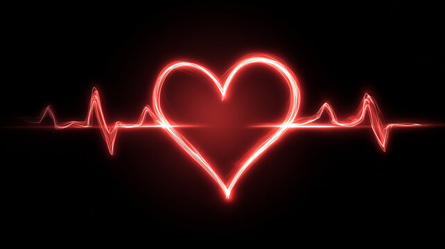 Glowing red heart with an electrocardiogram pulse on a black background, symbolizing health, vitality, love, and medical heartbeat concept in a futuristic neon style