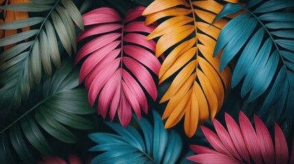 Vibrant foliage art lush, colorful, stylized fronds against a dark backdrop