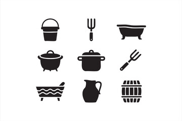 Vector illustrations of rustic farm equipment and kitchen cookware symbols