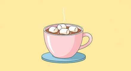 Delicious Hot Chocolate with Marshmallows in a Pink Cup on a Colorful Background