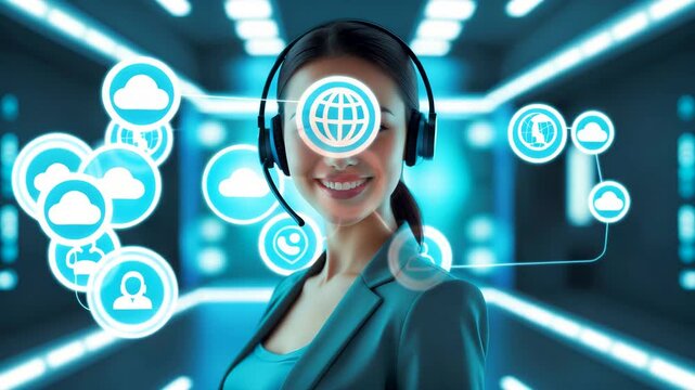 Smiling Businesswoman Wearing Headset with Digital Network Interface and Communication Icons